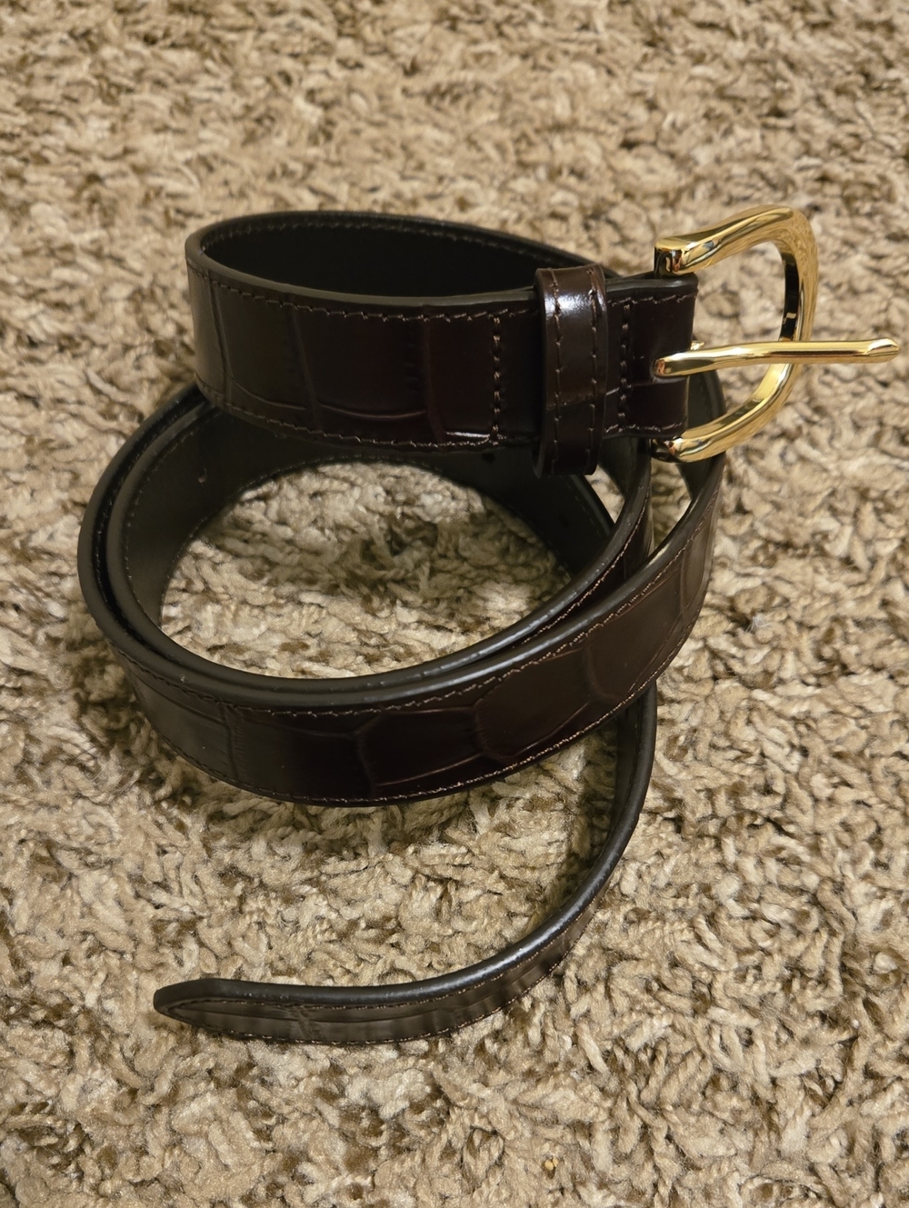 J. Crew Women's Croc-Embossed Leather Belt with Gold Buckle - Dark Brown
